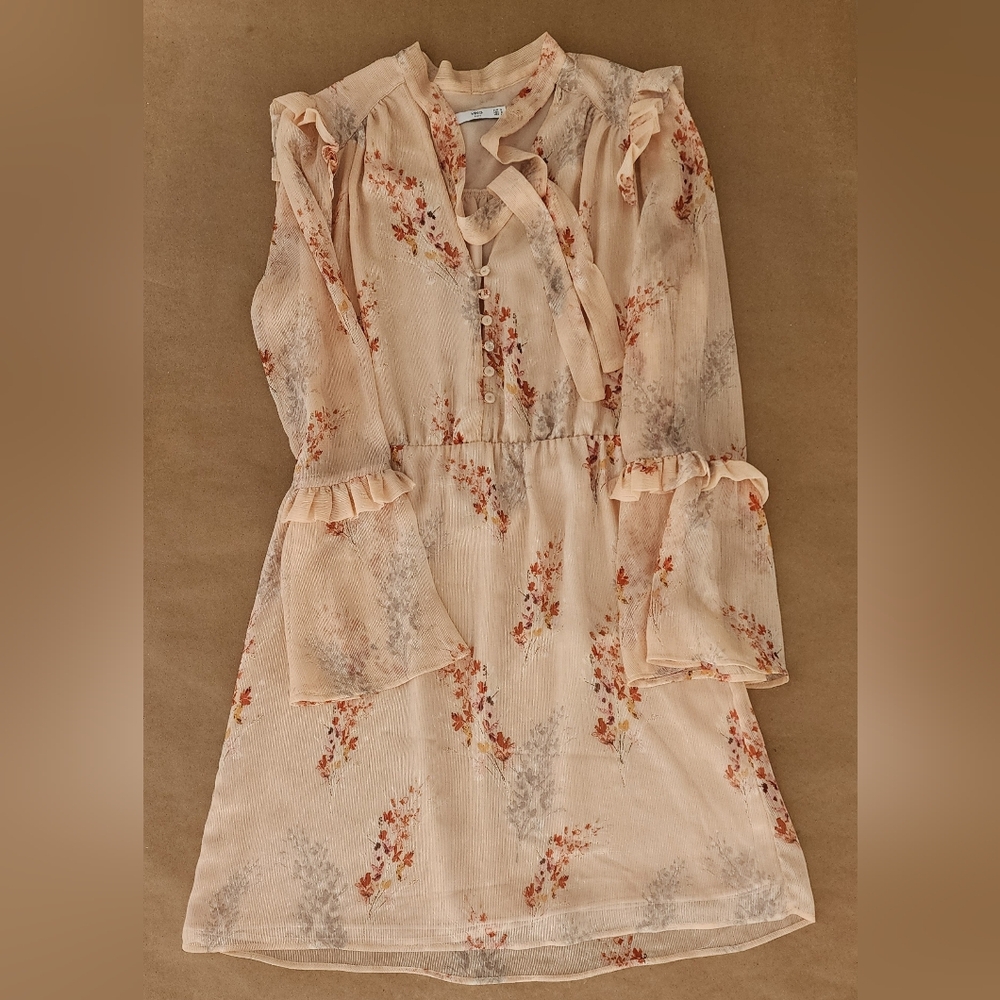 MNG (MANGO) KEA Floral Ruffle Tie Neck Dress Size 6